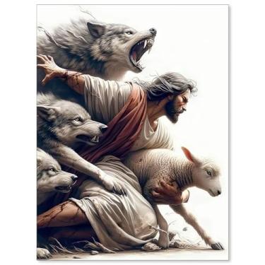 Imagem de ZERFVTG Pôster de Jesus Cristão Jesus Protegendo o Cordeiro de Lobos Arte de Parede Fé Religiosa Impressões em Tela para Sala de Oração Decoração de Parede de Igreja 30 x 40 cm Sem Moldura