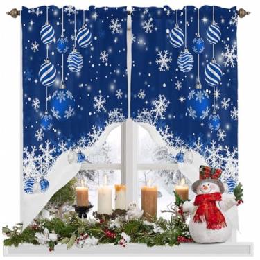 Imagem de Cortinas de Natal para cozinha, janelas, bolas de Natal, bolso para varão, sanefa, tratamento de janela, floco de neve, cortinas de saia azul neve para quarto/sala de estar/banheiro 142 cm L x 91 cm C