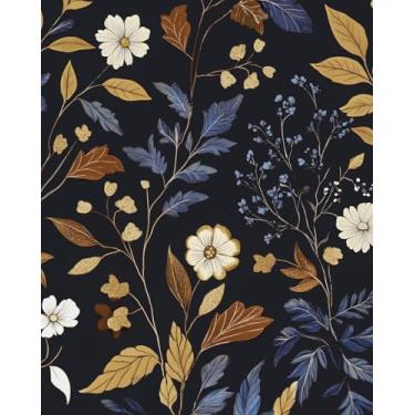 Imagem de BOKEBEVE Papel de parede azul preto dourado descascar e colar papel de parede floral vintage folhas de papel de parede para bancada, quarto, parede, locatário, amável, removível, 44 x 1000 cm