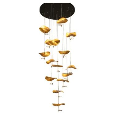 Imagem de Lustre Vintage Folhas de Lótus Rústico Pingente de Luz Teto Luminária de Latão Forjado à Mão Arte Criativa para Quarto Corredor Bar Cozinha Luminária Pendurada (Tamanho: 15 cabeças)