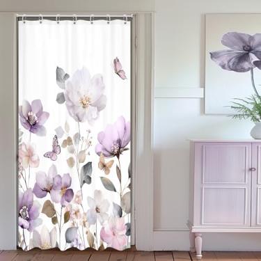 Imagem de Ufeela Cortina de chuveiro floral roxa 91 cm L x 182 cm C pequena barraca lavanda flor aquarela borboleta cinza folhas botânica rústica conjunto de banheiro planta pastel cortina de banho acessórios