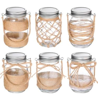Imagem de Ninehaoou 6 potes pequenos de 12 cm com alças e tampas, garrafas de vidro decorativas, rede de corda, vaso de vidro para mesa de casa, decoração de festa de casamento