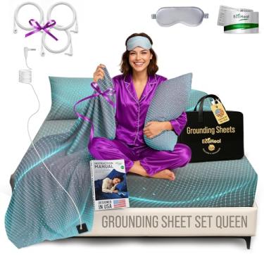 Imagem de ECOHEAL Jogo de lençol Queen com elástico cinza e lençol de cima com fronhas - 12% fibra de prata, 4% seda, 84% algodão orgânico - Kit de aterramento de cama condutor para dormir melhor