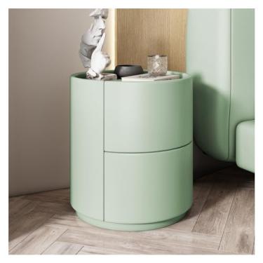 Imagem de Mesa de cabeceira redonda com envoltório de couro de microfibra, mesa de cabeceira luxuosa com 2 gavetas de madeira maciça, mesa lateral moderna móveis de cabeceira (cor: cinza claro) (verde claro)