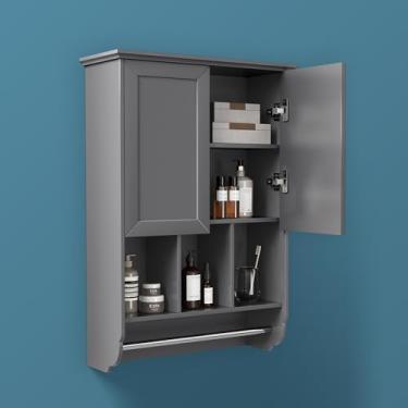 Imagem de Armário de parede de banheiro com barra de toalha, prateleiras ajustáveis de madeira para medicamentos, armário de cozinha de 58 x 81 cm, armário de armazenamento sobre vaso sanitário para banheiro