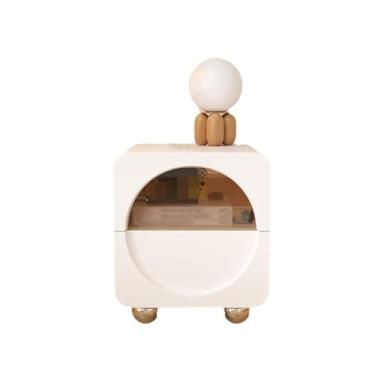Imagem de Mesa de cabeceira moderna, moderna, de alta qualidade, para casa, quarto, estilo creme, mesa de cabeceira de madeira maciça, armário de armazenamento redondo luxuoso, mesa pequena