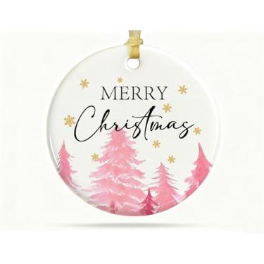 Imagem de HONLUNG Enfeite de árvore de Natal rosa, enfeites de Natal rosa e dourado para decoração de árvore de Natal, enfeites decorativos de inverno rústico para pendurar com floco de neve de Natal