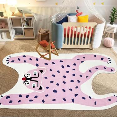 Imagem de Lacomfy Tapete de leopardo, 1,2 x 1,8 m, rosa, animal infantil, para quarto de meninos e meninas, vida selvagem, antiderrapante, lavável, tapete de desenho animado para quarto, berçário, sala de jogos