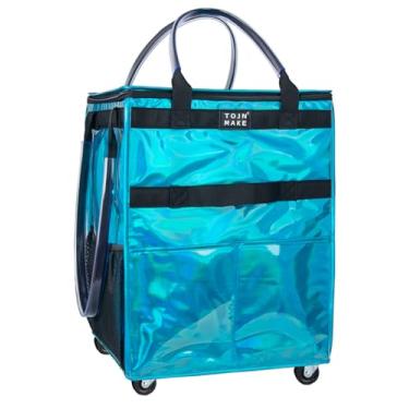 Imagem de Bolsa de compras reutilizável com rodas, carrinho de compras, bolsa com 8 bolsos e capa com zíper, dobrável, alças resistentes, carrega até 21 kg (médio, azul brilhante)