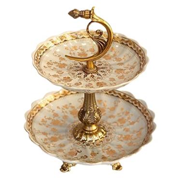 Imagem de GeRRiT Cesta de frutas de cerâmica prato de frutas de camada dupla prato de doces casa sala de estar bandejas de frutas decorativas para festa