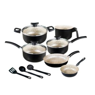 Imagem de Jogo de Panela Antiaderente, Caçarola com Tampa de Vidro, Revestimento Reforçado, Para Todos os Fogões(Preto Glacial)