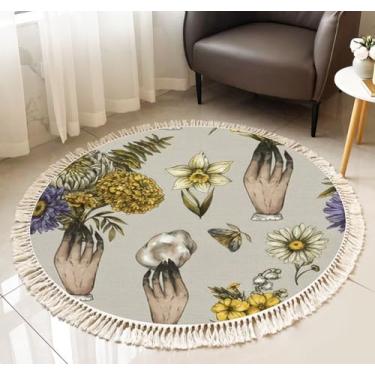 Imagem de Tapete redondo com franjas vintage mágicas flores de outono padrão sem costura mão de bruxa oculto floral boho tapete de linho tecido à mão pátio corredor tapete decoração de casa sala de estar mesa