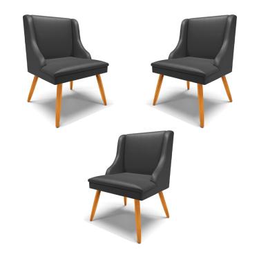 Imagem de Kit 3 Cadeiras Decorativas Sala de Jantar Pés Palito de Madeira Firenze PU Preto Fosco/Natural G19 - Gran Belo