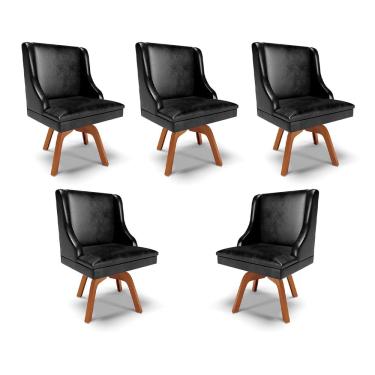 Imagem de Kit 5 Cadeiras Decorativas Sala de Jantar Base Giratória de Madeira Firenze PU Preto Brilho/Natural G19 - Gran Belo
