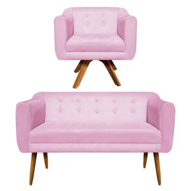 Imagem de Kit 01 Namoradeira 02 Lugares e 01 Poltrona Giratória Julia Suede Rosa Bebê Base Madeira MM30 D'Rossi