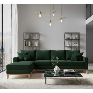 Imagem de Sofá Beny com Chaise Esquerda, 1,40x2,60m, 4 Lugares, Linho, Base em Madeira. (Verde)
