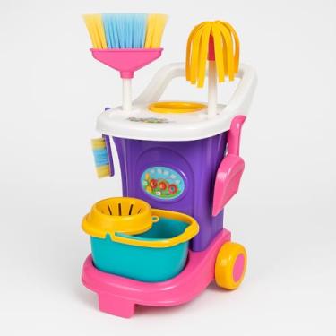 Imagem de Carrinho de Limpeza Infantil, Kit de Limpeza com Rodas, Colorido, Plástico, com Vassoura, Esfregão, Balde, Pazinha, Escovinha, Saco de Lixo, para Crianças a Partir de 3 Anos