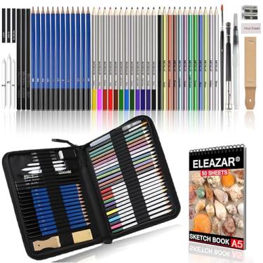 Imagem de ELEAZAR Kit de esboço de 53 peças de materiais de arte com 50 folhas, caderno de esboço A4, lápis de cor grafite, aquarela e metálicos, materiais escolares, presentes para artistas, adultos,