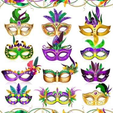 Imagem de 12 Pcs Mardi Gras Mask Paper Masquerade Masks Carnival Parade Prom Purple Green Yellow Feather Masks Party Favors for Women Men Kids New Orleans Dress Up Mardi Gras Decorations Party Supplies