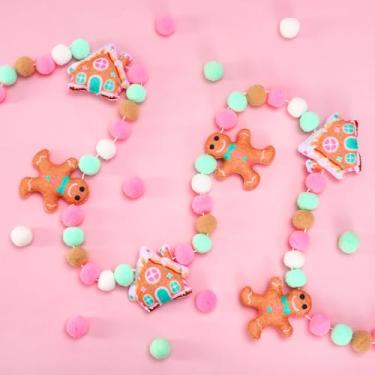 Imagem de Whaline Faixa de feltro de Natal guirlanda pendurada 3D homem de gengibre rosa e verde faixa bola pom para casa cornija parede janela decoração suprimentos de festa