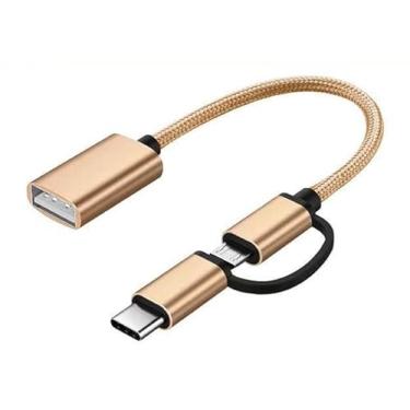 Imagem de Cabo Adaptador OTG 2 em 1, Micro USB e Type-C para USB 3.0, Metalizado, 15cm, Compatível com Smartphones Android, Para Mouse, Teclado e Disco U (Gold)