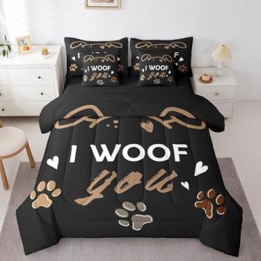 Imagem de Erosebridal Jogo de cama kawaii preto com desenho de pata de cachorro, solteiro, 7 peças, para decoração de quarto de meninos, meninas, crianças, com lençol de cima e lençol com elástico I Woof You