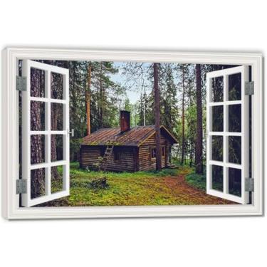 Imagem de Uma casa de madeira coberta de musgo tela falsa de janela que economiza espaço, arte de parede cênica realista para quarto e casa 40 x 60 cm emoldurada