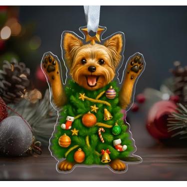 Imagem de KoKi93Art Enfeite de acrílico para cães Yorkshire Terrier de Natal - Enfeites de árvore de Natal para cães fofos - Decoração divertida - Pendurado em árvore de Natal