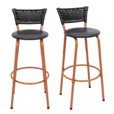 Imagem de Kit 2 Cadeiras Alta Exclusiva Estrutura Cobre Em Encosto Junco Preto Balcão Ilha Cozinha Área De Lazer Linha Premium