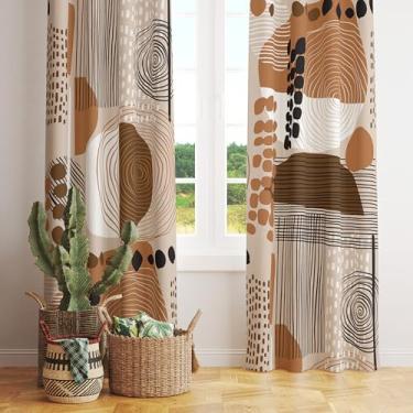 Imagem de Cortinas blackout de arco boêmio de meados do século, folhas tropicais geométricas minimalistas com fases da lua longas arco-íris tons de terra cortinas para sala de estar, sala de jantar, quarto