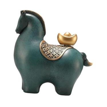 Imagem de IEUDNS Estátua de Cavalo Feng Shui Decoração Artesanal Estátuas Modernas Únicas Escultura de Mesa para Estante Sala de Estante de Entrada de Casa, Cabeça inferior verde