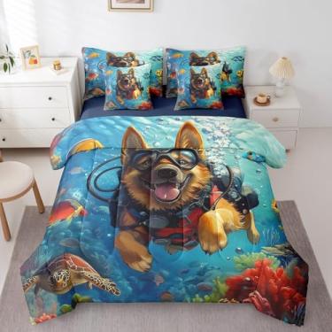 Imagem de Jogo de cama Queen Size para cães pastor alemão, animais de mergulho, animais de estimação para meninos e meninas, tartarugas marinhas, peixes tropicais, vida marinha (edredom + lençol de cima + 2