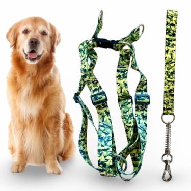 Imagem de Coleira Peitoral Americano para Cachorro Médio e Grande com Guia Anti Puxão - Pitbull, Golden, Labrador, Rottweiler, Fila, Pastor Alemão, Doberman, Toni Corso (Camuflado Verde)