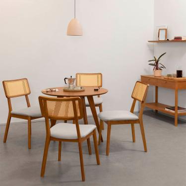 Imagem de Conjunto Mesa de Jantar Square Laminada Redonda Natural - 88cm + 4 Cadeiras Lalá Encosto Palha Creme - Cru