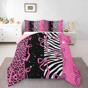 Imagem de Feelyou Conjunto de edredom infantil casal com estampa de leopardo, edredom fofo de princesa, para quarto de crianças, meninos, meninas, rosa, preto, decoração moderna, microfibra, ultramacia