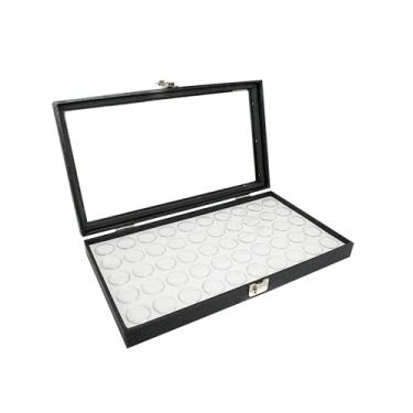 Imagem de Caixa de exibição de joias grande Novel Box 35 x 21 x 5 cm + 50 frascos de pedras preciosas de tamanho pequeno | Caixa de joias de vidro com tampa e forro de espuma de bandeja branca | Caixa de