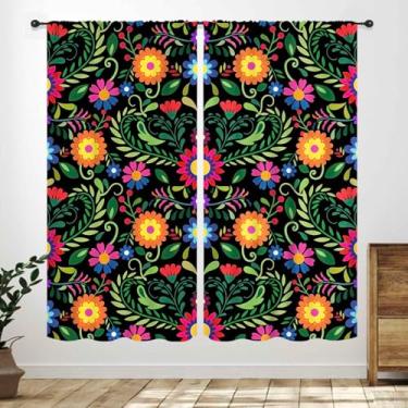 Imagem de Cortinas de cozinha mexicanas Fiesta, colorido mexciano floral Cinco De Mayo Dia De Los Muertos Retro Boho Botânica Estilo Rústico Tratamento de Janela para Quarto Sala de Estar 2 Painéis, 106 x 113