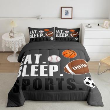 Imagem de Feelyou Conjunto de edredom esportivo, tamanho Queen, para meninos e meninas, presente para amantes de esportes, ultramacio, futebol, basquete, beisebol, respirável, leve, microfibra, cinza, decoração