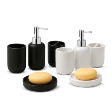 Imagem de Kit Lavabo 4 Pe�as em Cer�mica, Dispenser, Porta-Escovas Copo Multiuso e Saboneteira dispenser Preto ou Branco (Preto)