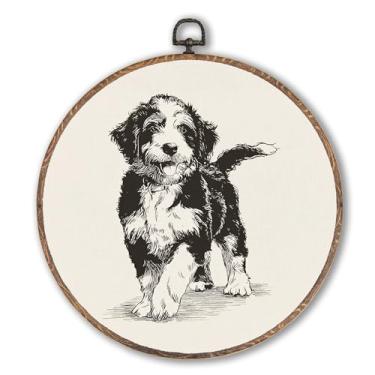 Imagem de Hxlac Arte de parede redonda vintage Bernedoodle emoldurada, decoração de parede redonda de cachorro Weiner retrô, presentes de cachorro Bernedoodle Weiner para pendurar em tela para decoração de