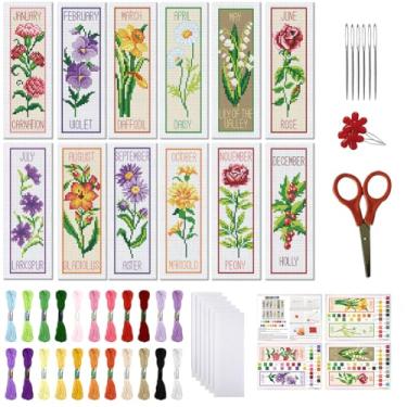 Imagem de FREEBLOSS Conjunto de 12 kits de marcadores de página de ponto cruz com estampa de flor do mês, kit de bordado de 11 CT com instruções para iniciantes 20 x 6 cm