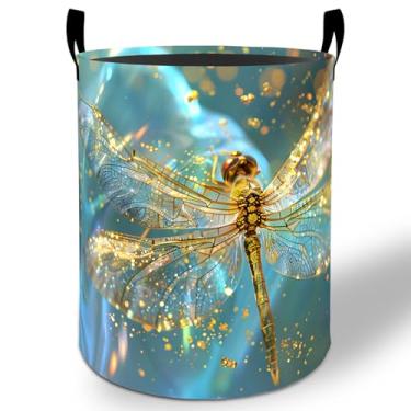 Imagem de Cesto de lavanderia Golden Dragonfly 50 x 40 cm, balde de armazenamento de roupas Oxford dobrável à prova d'água para quarto, banheiro, quarto de bebê, organizador de brinquedos, presentes para