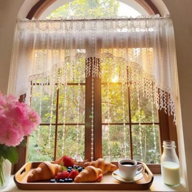 Imagem de Cortina curta de pompom boho branco arqueado transparente com contas de cristal para portas, borlas, divisória de quarto, sala de jantar, bolso de varão, 1 painel (L59 x C43 POLEGADAS, branco)