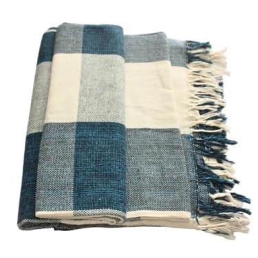 Imagem de Manta Para Sofá 100% Algodão Decorativa e Protetora – Toque Suave e Conforto para Sala Casa Nova (Azul Mesclado C/Cru)