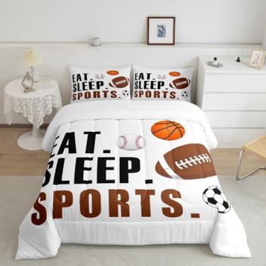 Imagem de Feelyou Conjunto de edredom esportivo tamanho solteiro, para meninos e meninas, presente para amantes de esportes, ultramacio, futebol, basquete, beisebol, respirável, leve, microfibra, bola branca