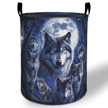 Imagem de Cesto de roupa suja de lobo de lua cheia, 50 x 40 cm, balde de armazenamento de roupas Oxford dobrável à prova d'água para quarto, banheiro, quarto, berçário, organizador de brinquedos, presentes para