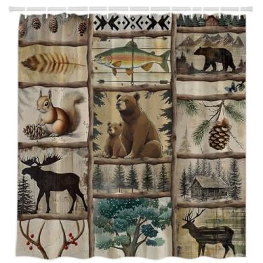 Imagem de GIXKOXE Cortina de chuveiro rústica de caça de cabana floresta, urso, veado, alce, esquilo, peixe, vida selvagem, campo, acampamento, safári, vintage, decoração de banheiro, cortinas de tecido de