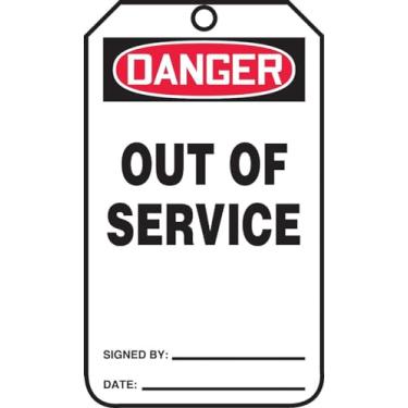 Imagem de Accuform Placa de segurança MDT246CTP, Legend "DANGER OUT OF SERVICE", 14,6 cm de comprimento x 8,25 cm de largura x 0,01 cm de espessura, PF-Cardstock, vermelho/preto sobre branco (pacote com 25)