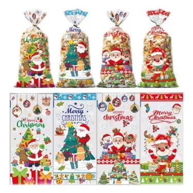 Imagem de 50 peças de sacolas de Natal de celofane de 28 x 12 cm com laços dourados para lembrancinhas de festa