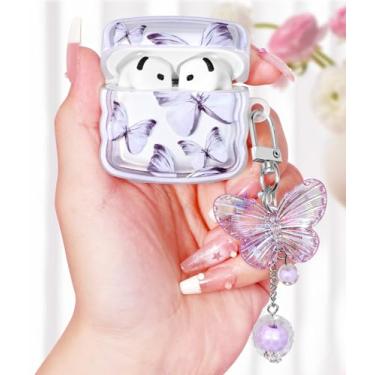 Imagem de Boaretiu Capa para Airpods 4 2024 - Cute Kawaii para mulheres meninas com chaveiro para AirPods 4ª geração, capa roxa com design de borboleta feminina, elegante, estética bonita para Airpods 4 capa